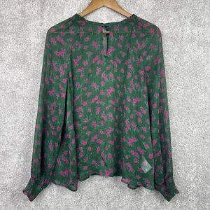 Modcloth Blouse Green Magenta Roses Coming Up Winter‎ Sheer Size Medium